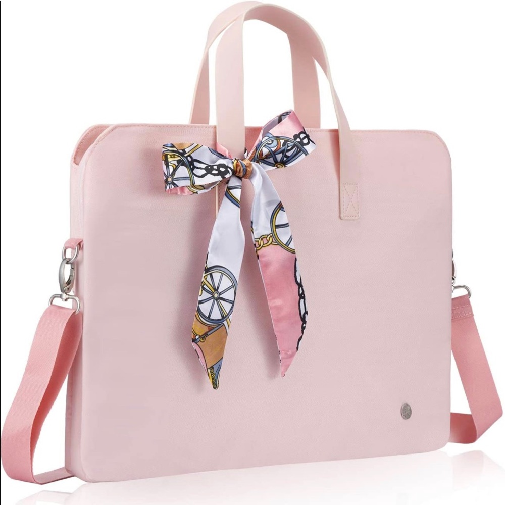 Pink nylon laptop bag with synthetic silk scarf.
